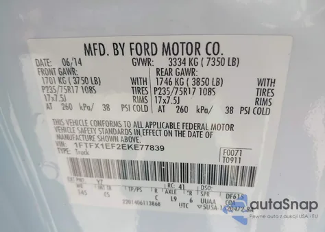 2014 Ford F-150 Xl из США, поврежденный, VIN 1FTFX1EF2EKE77839